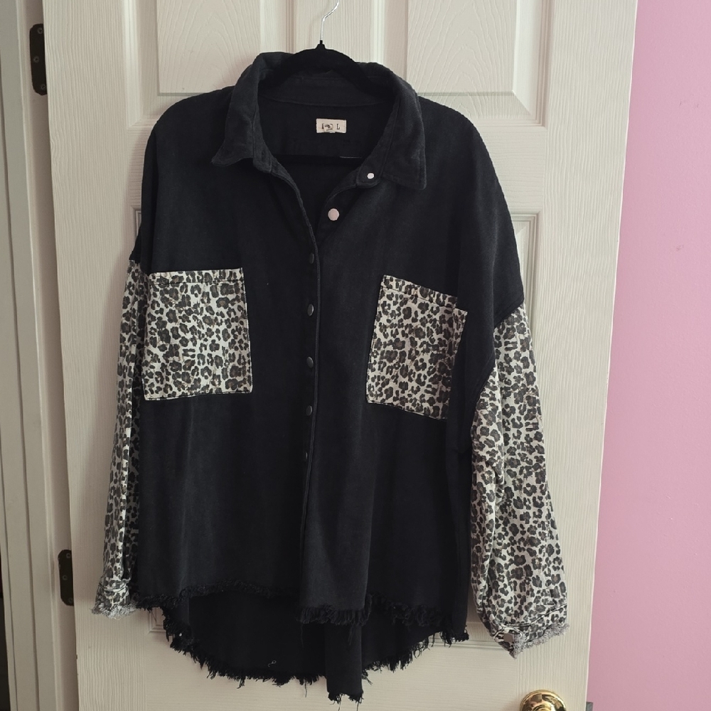 POL Black Utility Jacket with Animal Print Accents